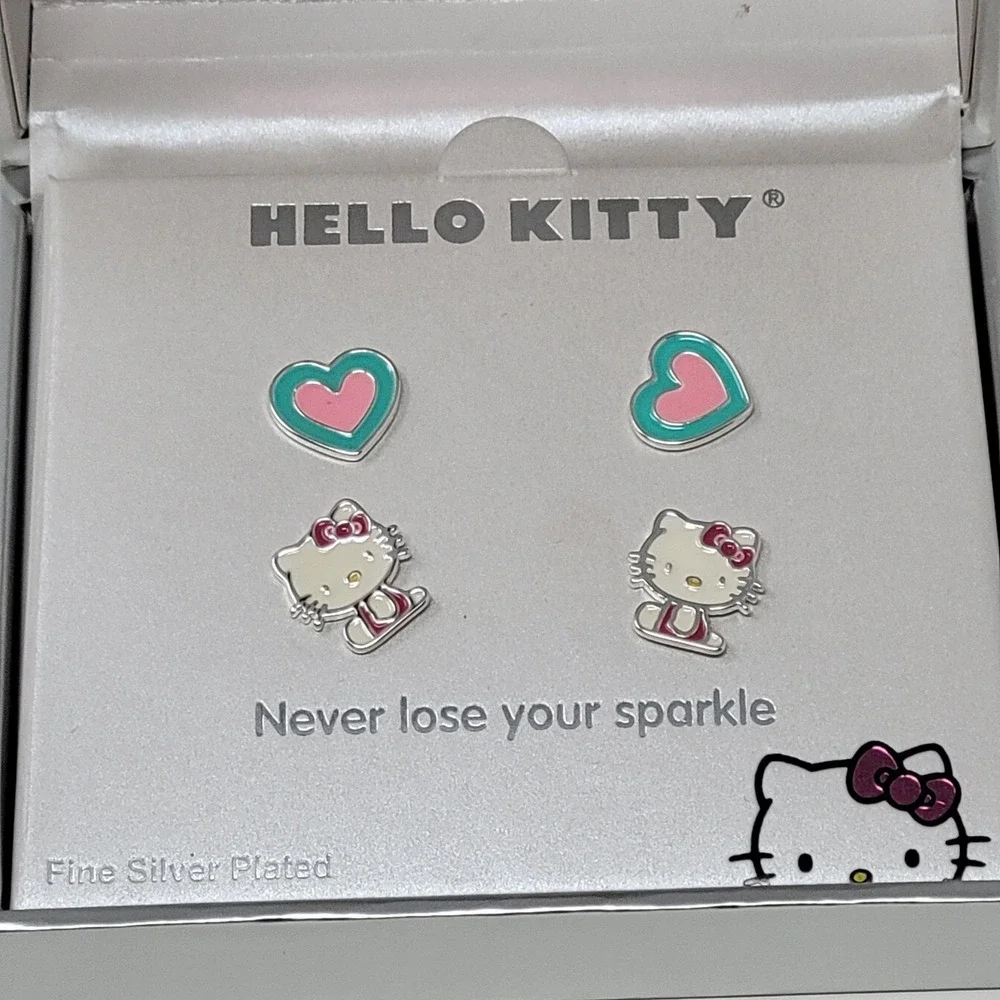 Hello Kitty Sanrio Kids Silver Plated Stud Earrings 2 Pair Set‎ Hearts Gift Box